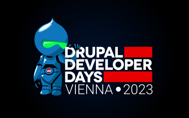 DrupalDeveloperDays Logo - Blue bot holding the signage