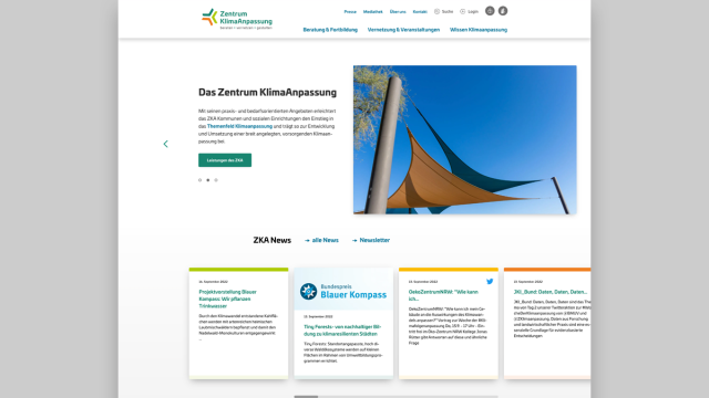 Web-Ansicht der Plattform ZentrumKlimaanpassung, bereitgestellt durch die Tojio GmbH