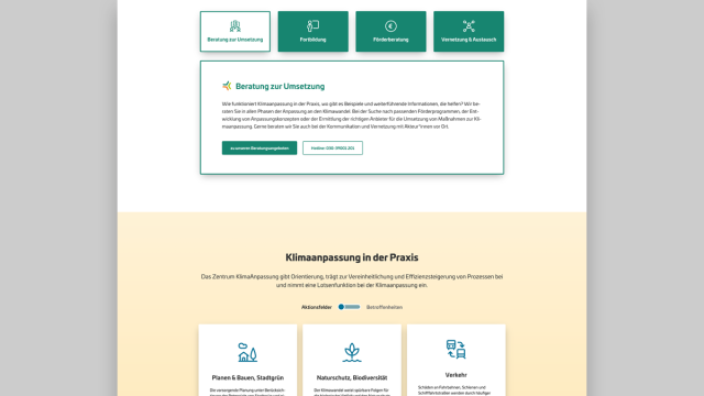 Web-Ansicht der Plattform ZentrumKlimaanpassung, bereitgestellt durch die Tojio GmbH