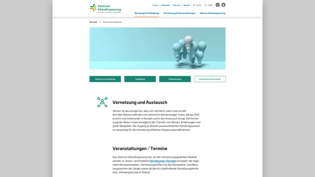 Web-Ansicht der Plattform ZentrumKlimaanpassung, bereitgestellt durch die Tojio GmbH
