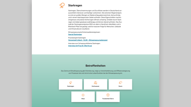 Web-Ansicht der Plattform ZentrumKlimaanpassung, bereitgestellt durch die Tojio GmbH