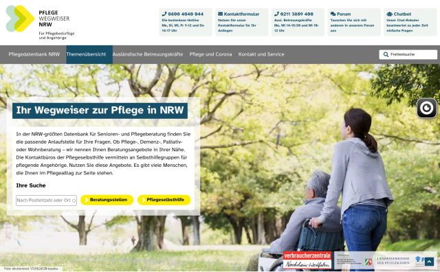 Web-Ansicht der Website des Pflegewegweisers NRW, bereitgestellt durch die PublicPlan GmbH