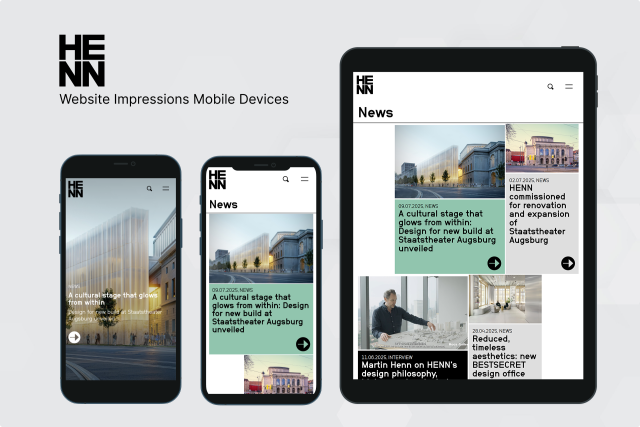 Web-Ansicht der Website des Architekturbüros Henn auf verschiedenen Geräten, bereitgestellt durch die arocom GmbH
