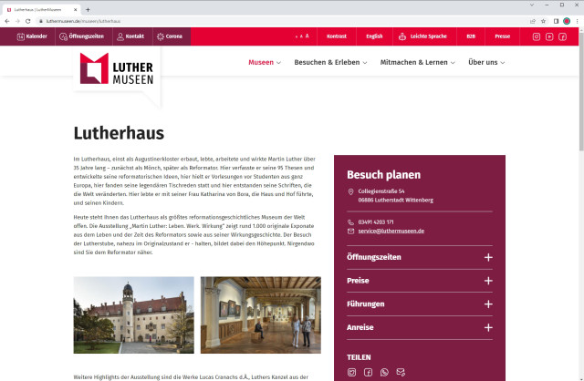 Website der LutherMuseen, bereitgestellt von der Leanlabs GmbH