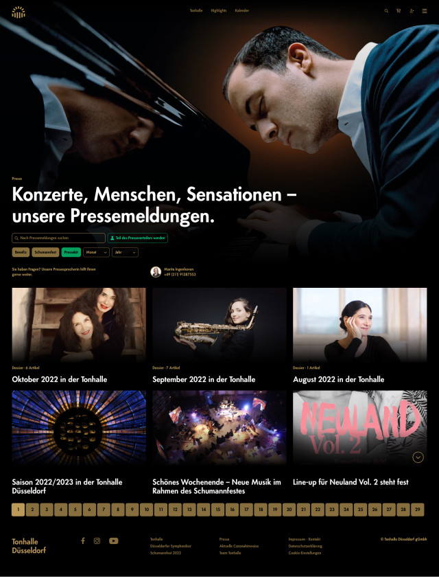 Ansicht der Website der Tonhalle Düsseldorf, bereitgestellt durch die Bitmade GmbH