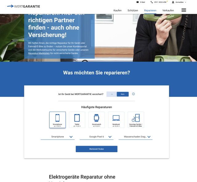 Web- und Mobil-Ansicht der Website von Wertgarantie, bereitgestellt durch die erdfisch GbR