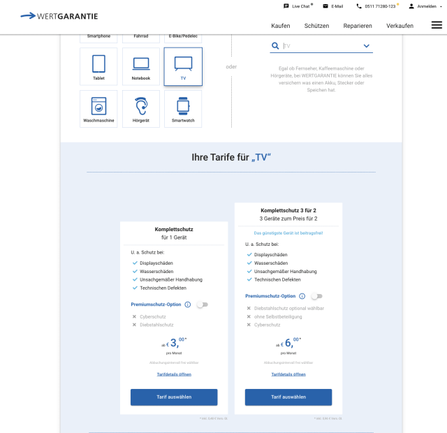 Web- und Mobil-Ansicht der Website von Wertgarantie, bereitgestellt durch die erdfisch GbR