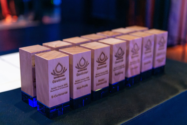 splash Awards Trophäen aufgereiht auf der Bühne bei den Splash Awards 2025 Deutschland und Österreich in Wien