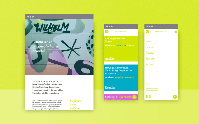 Mockup der Ansicht der Website von Wilhelm Rechtsanwälte auf verschiedenen Displays.