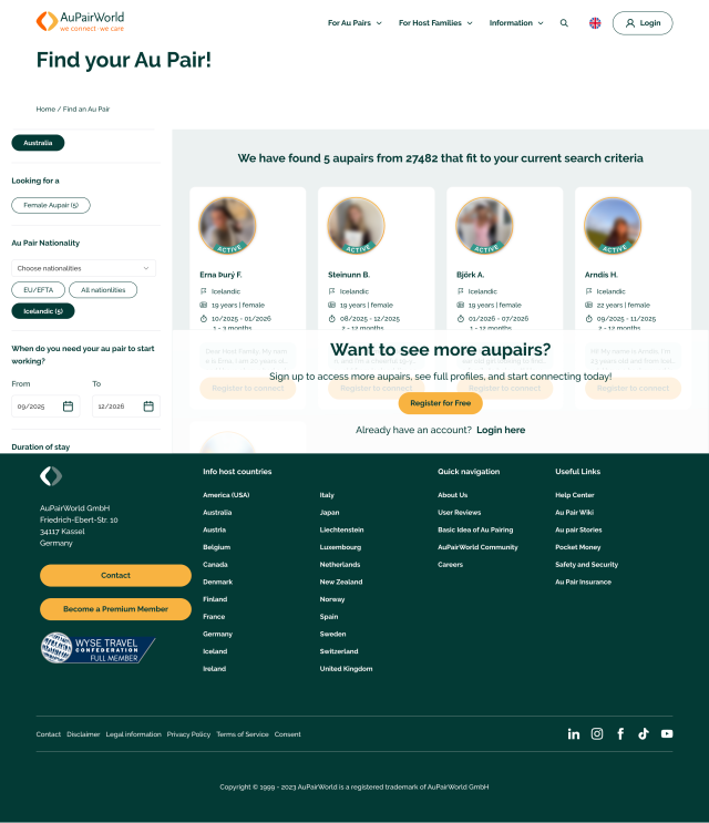 Webanwendung von AuPairWorld als Mockup in einem Tablet-Format.