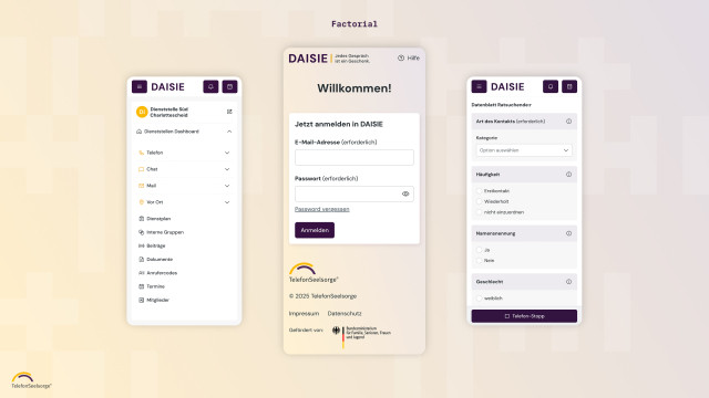 Ansicht der Weboberfläche von DAISIE, dem digitalen Betriebssystem der TelefonSeelsorge, auf mehreren Smartphone Displays.