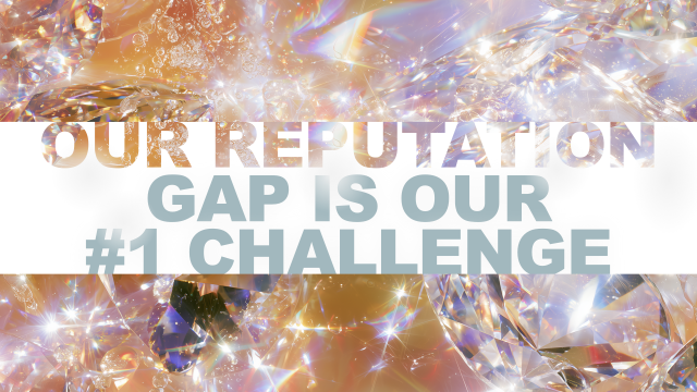 Driesnote-Folie mit der Aussage "Our reputation gap is our #1 challenge" vor einem Hintergrund aus funkelnden Kristallen